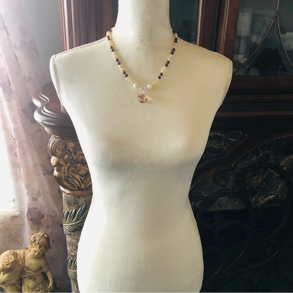 Handcrafted repurpose genuine ghost quartz pendant Czech glass Pearl necklace - Picture 7 of 16